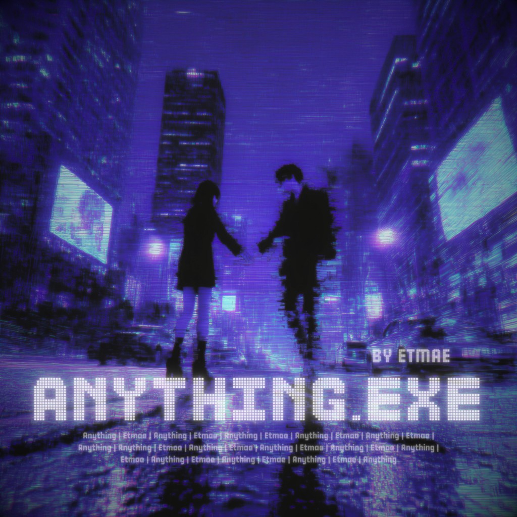 Portada de Anything.exe: dos siluetas tomándose de la mano en una ciudad nocturna violeta