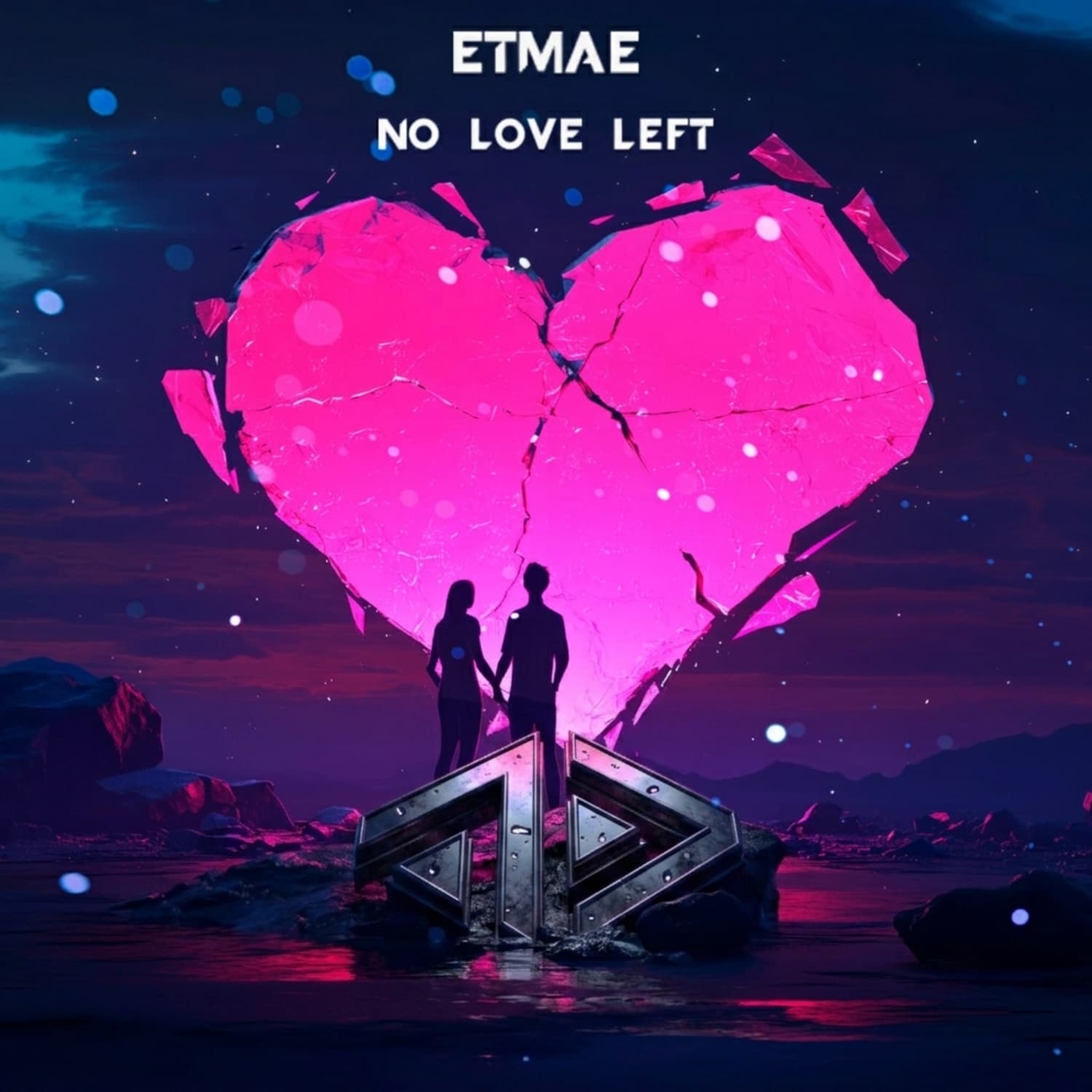 Portada de No Love Left: un corazón de cristal magenta, partido, y dos siluetas tomándose de la mano frente a él