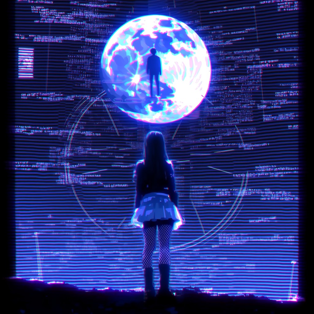 Arte visual de Tell Me Why: una figura ante una luna digital